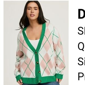 Torrid Green & Pink Argyle Drop Shoukder Cardigan Sweater